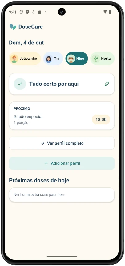 Tela inicial filtrada pelo perfil do pet Nino: a próxima porção de Ração especial às 18:00.