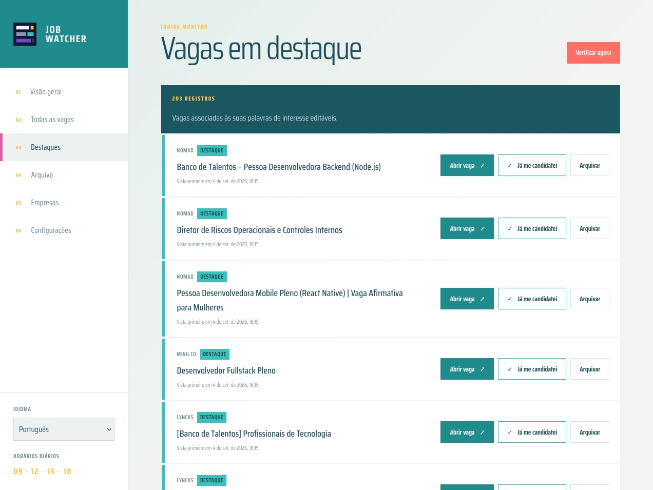 Painel do Job Watcher com oportunidades destacadas