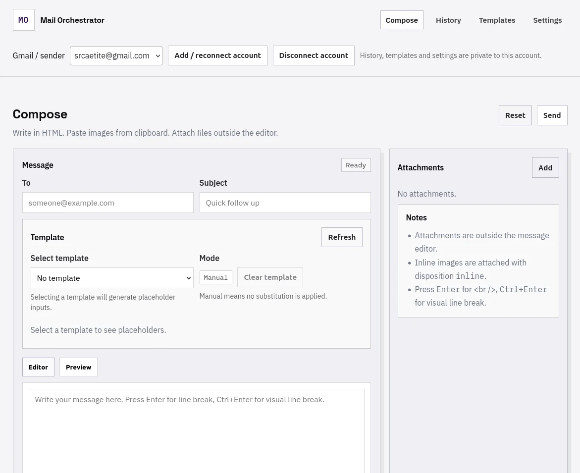 Tela de composição de mensagens do Mail Orchestrator