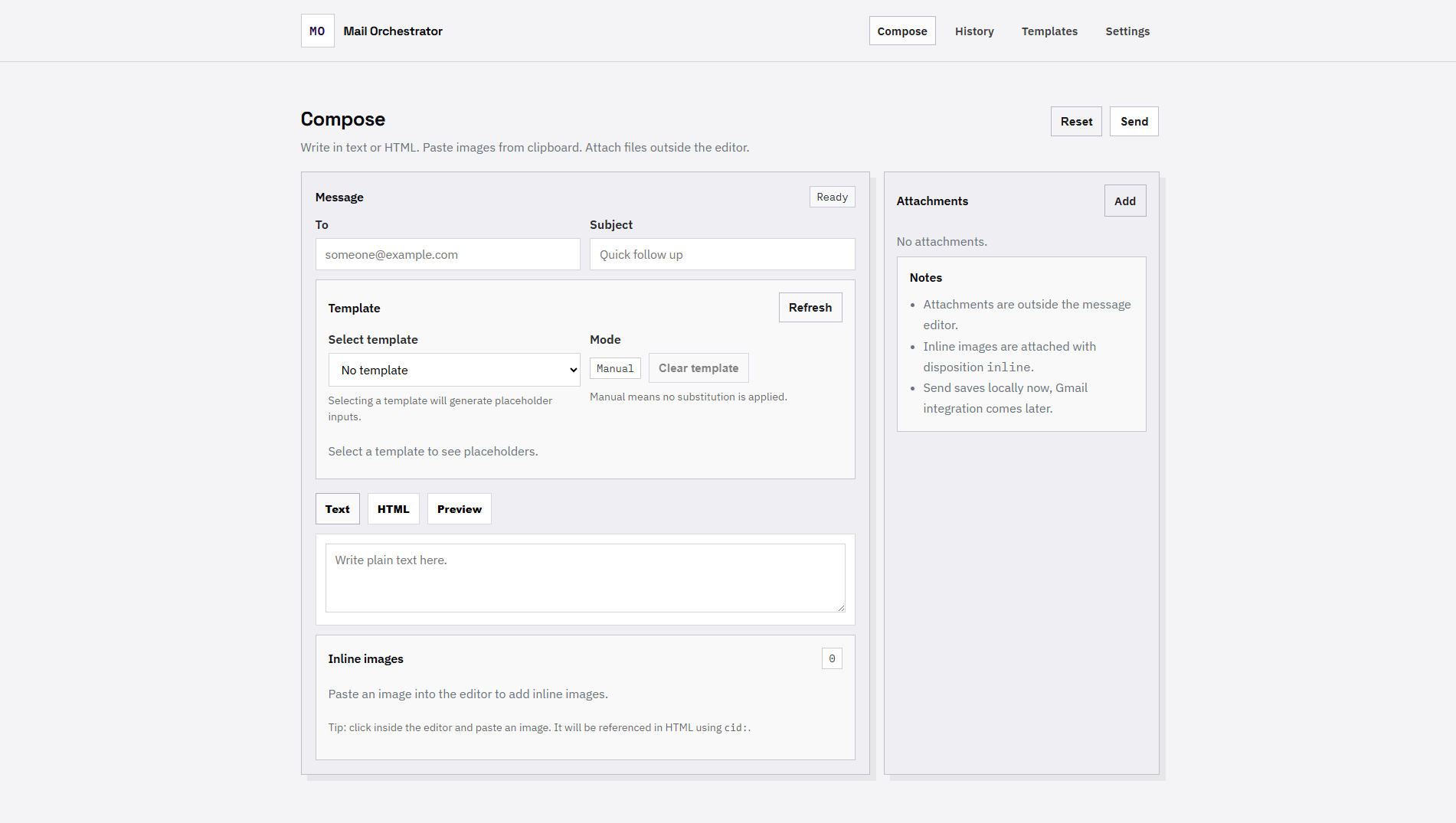 Interface do Mail Orchestrator para compor emails, templates e anexos