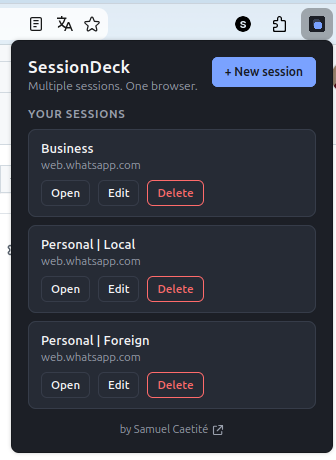 Popup do SessionDeck mostrando sessões salvas